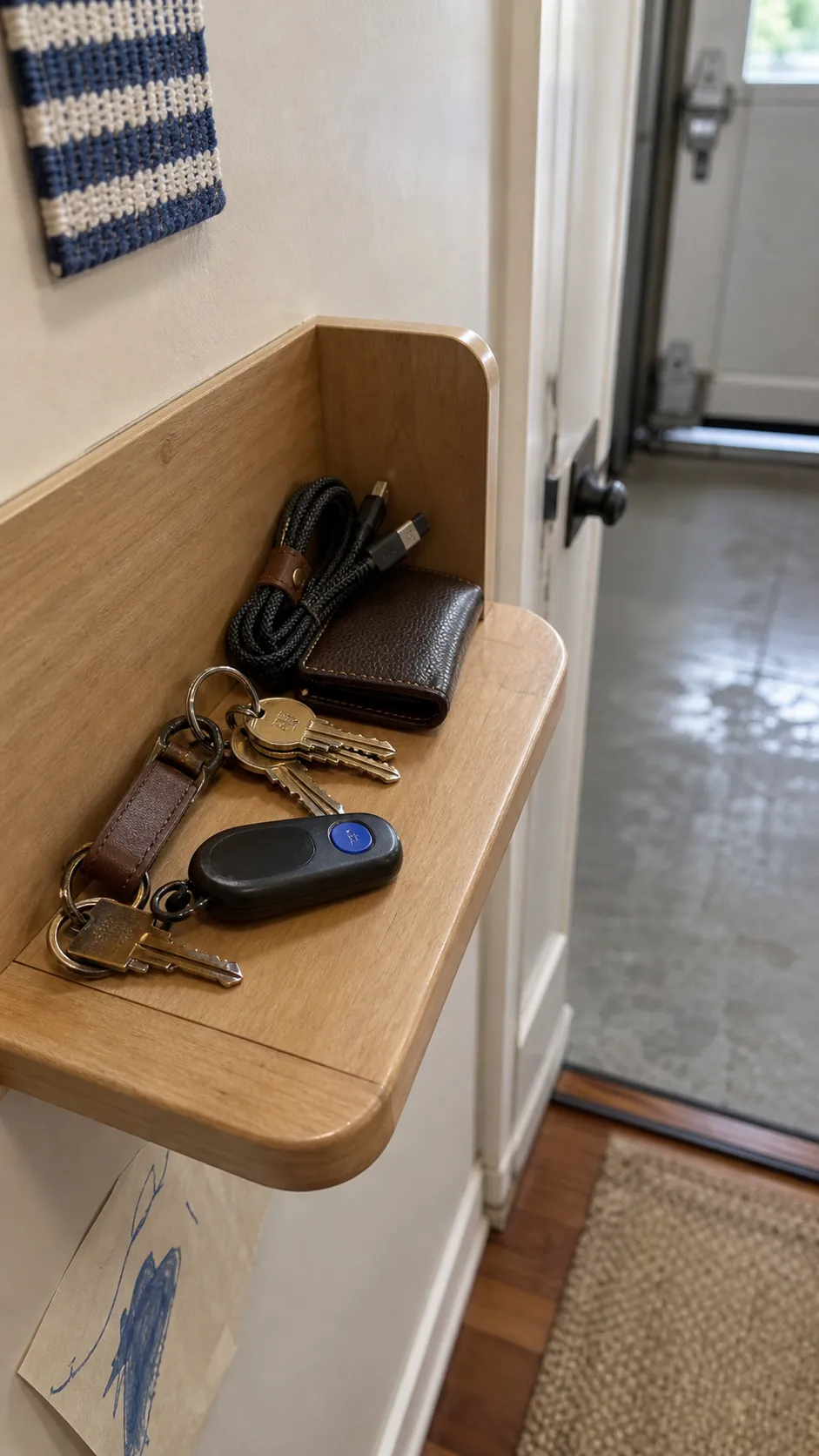 Tiny shelf for keys and garage remote beside an entry door