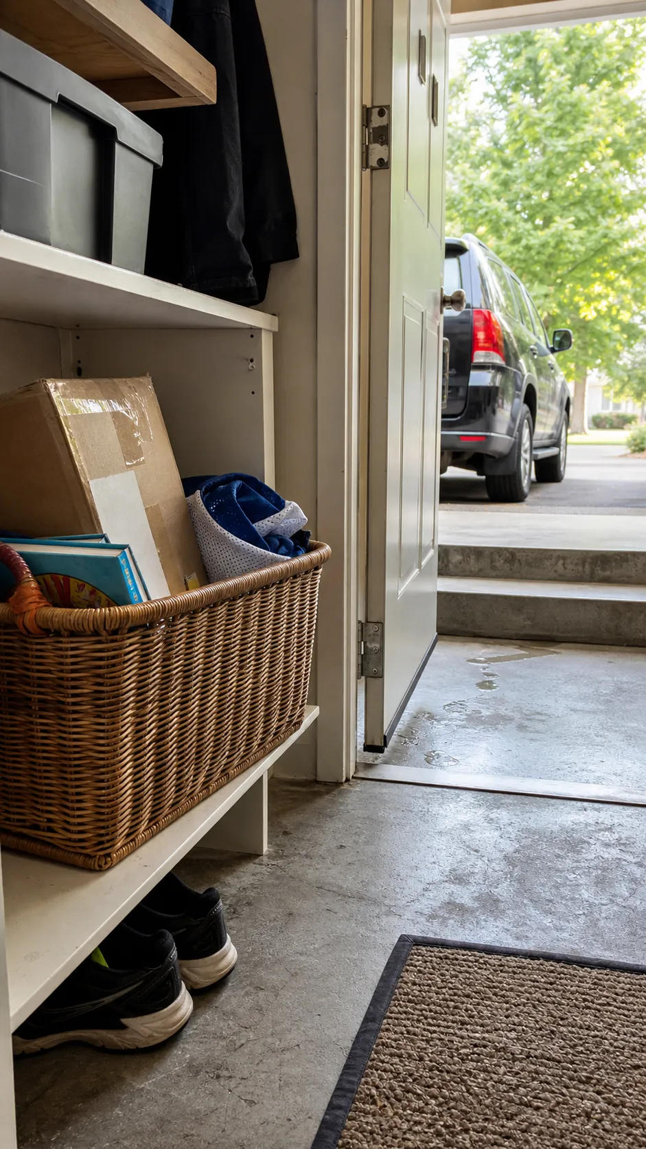 Labeled outgoing basket in a compact garage drop zone