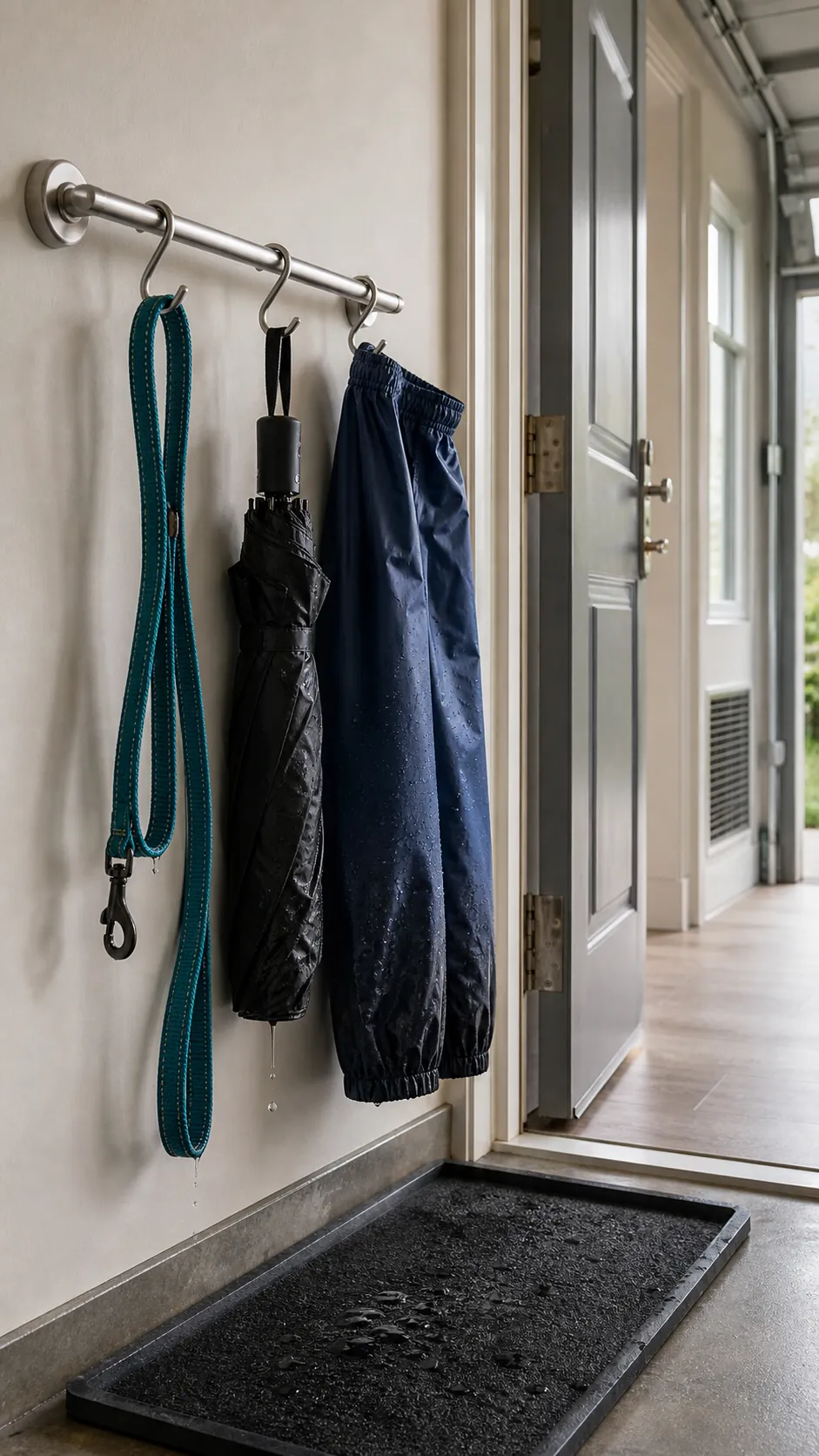 Ventilated rail drying wet gear near a garage entrance