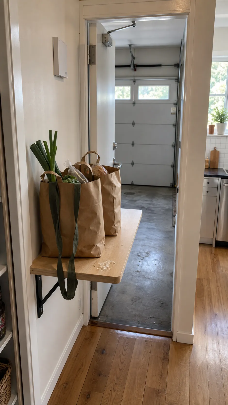 Shallow fold-down grocery landing shelf by a garage entry