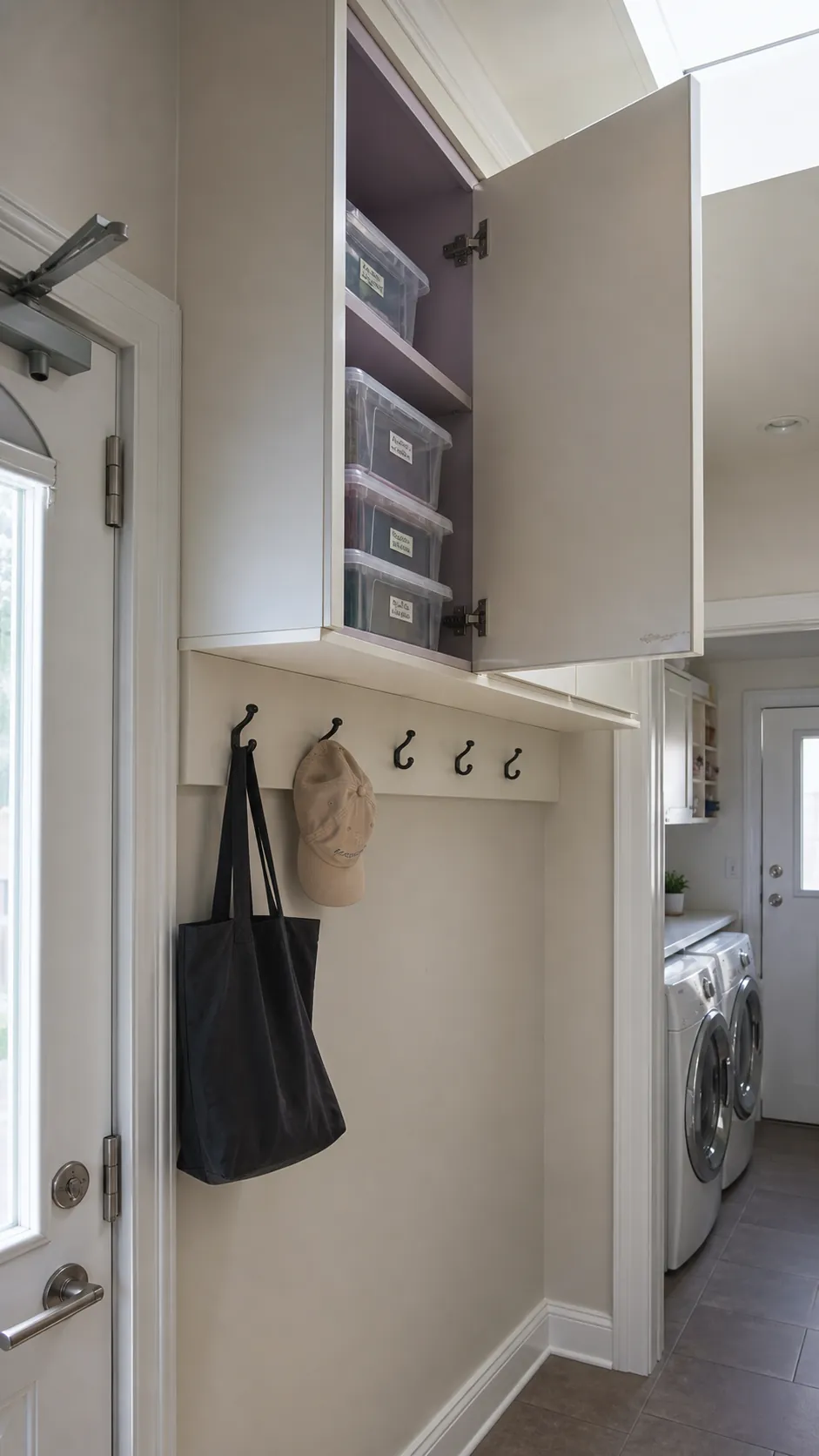 High closed cabinets storing seasonal gear above a garage entry
