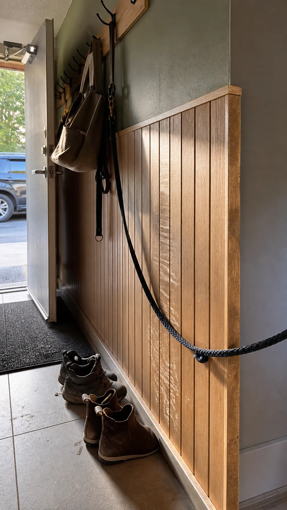 Durable washable wall finish in a hardworking garage entryway