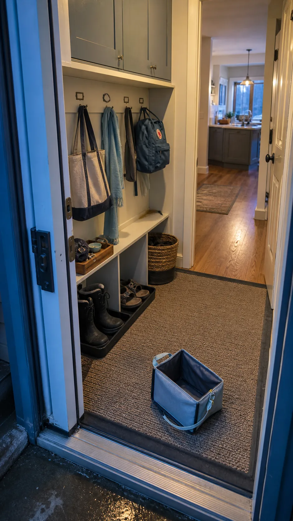 Organized small garage entry after a quick family reset
