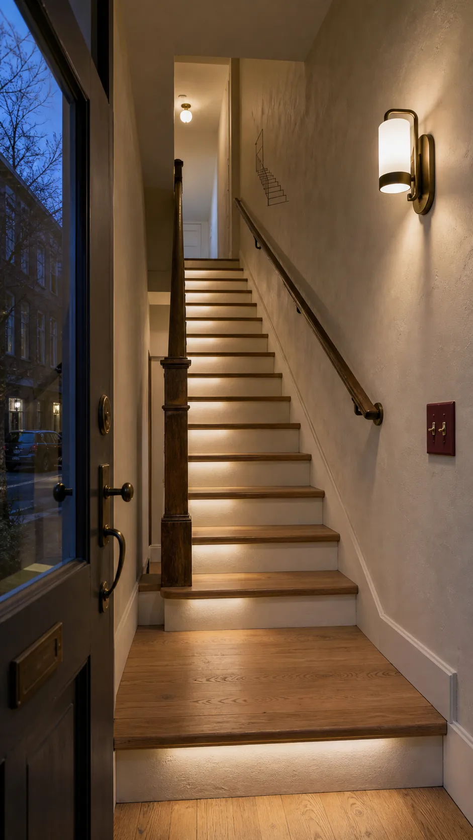 Layered lighting illuminating every step in a small entrance