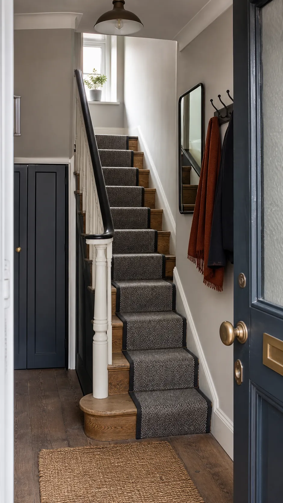 Safe stylish small entryway with stairs beside the front door