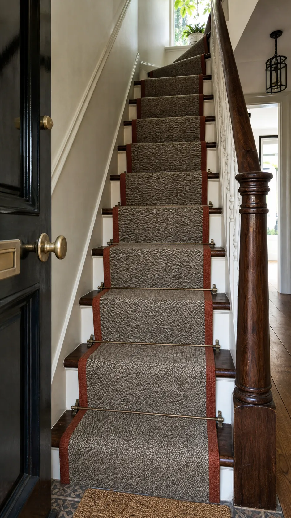 Well-secured runner adding pattern to an entry staircase