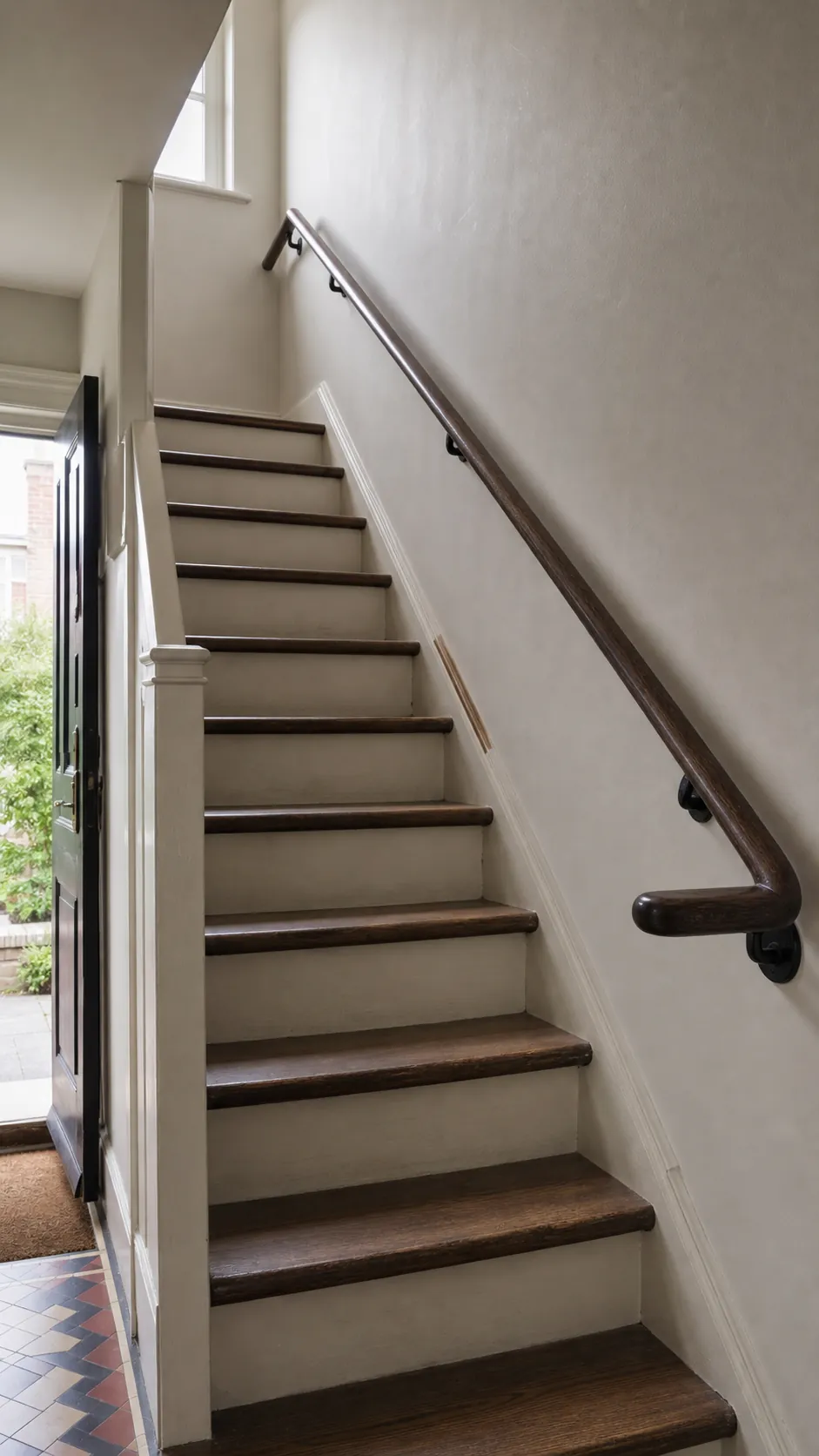 Contrasting graspable handrail beside a compact entry staircase