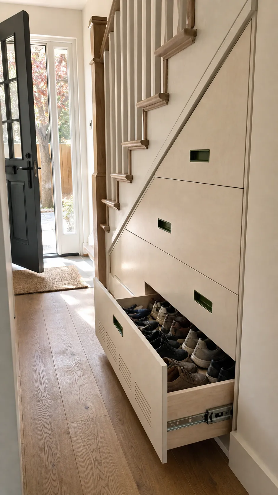 Flush pull-out drawers storing shoes beneath entry stairs