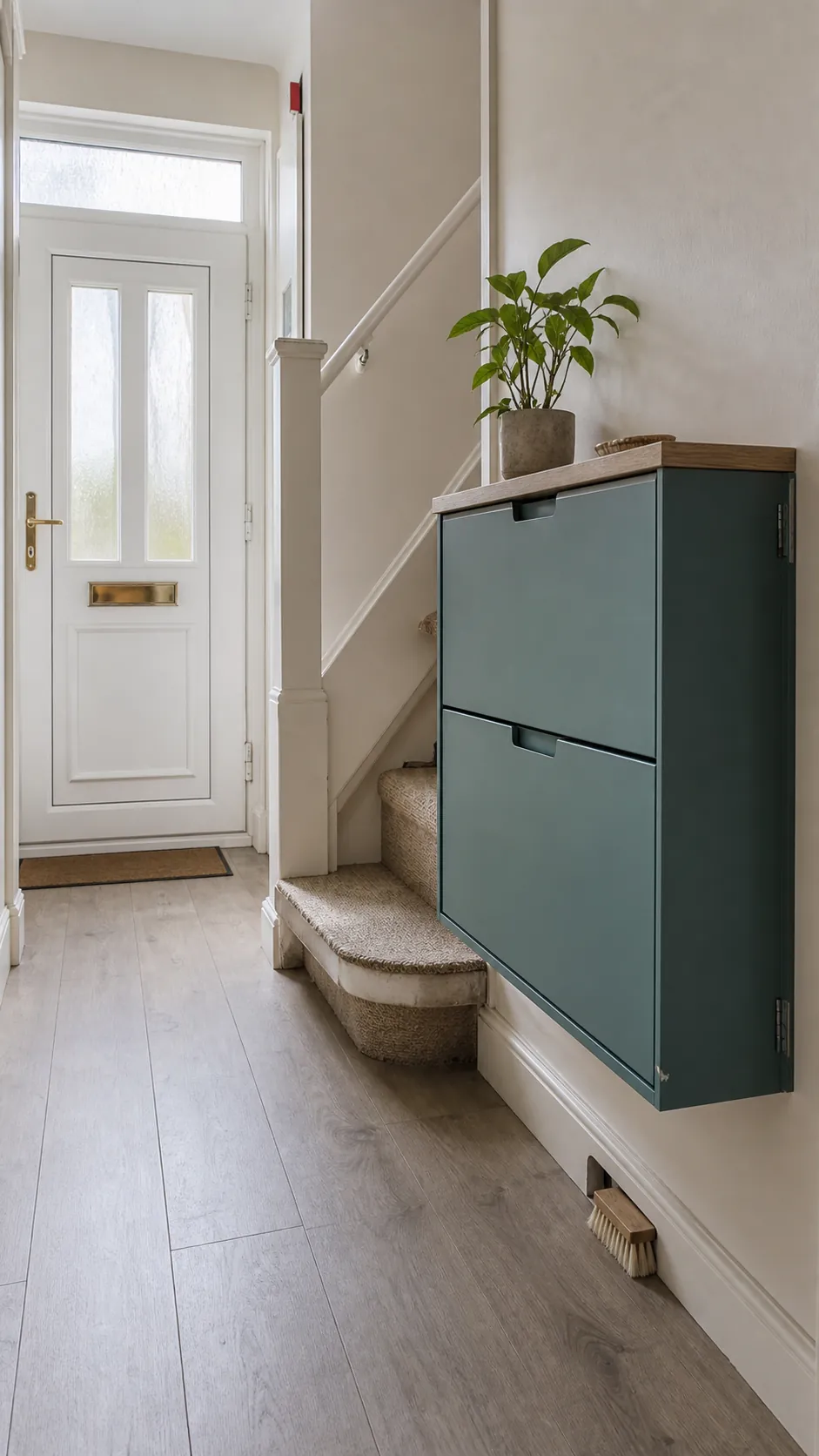 Slim wall-mounted shoe cabinet beside entry stairs