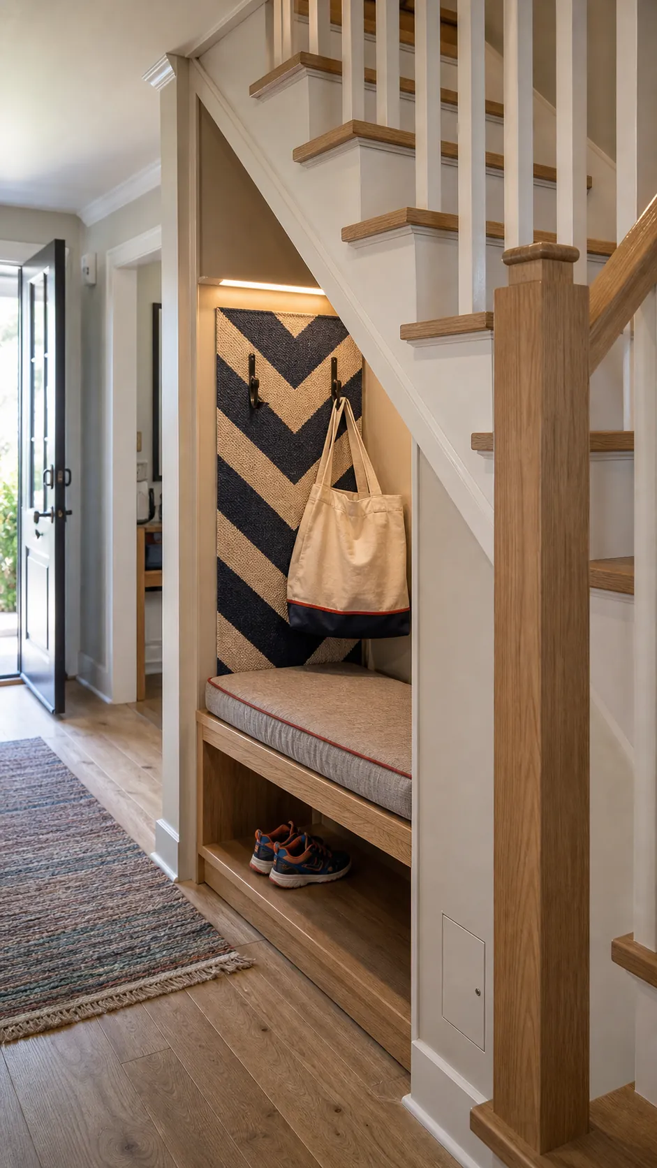 Shallow organized nook beneath a small entry staircase