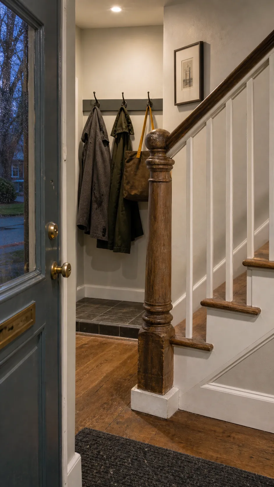 Entryway hooks positioned safely beyond the stair newel post