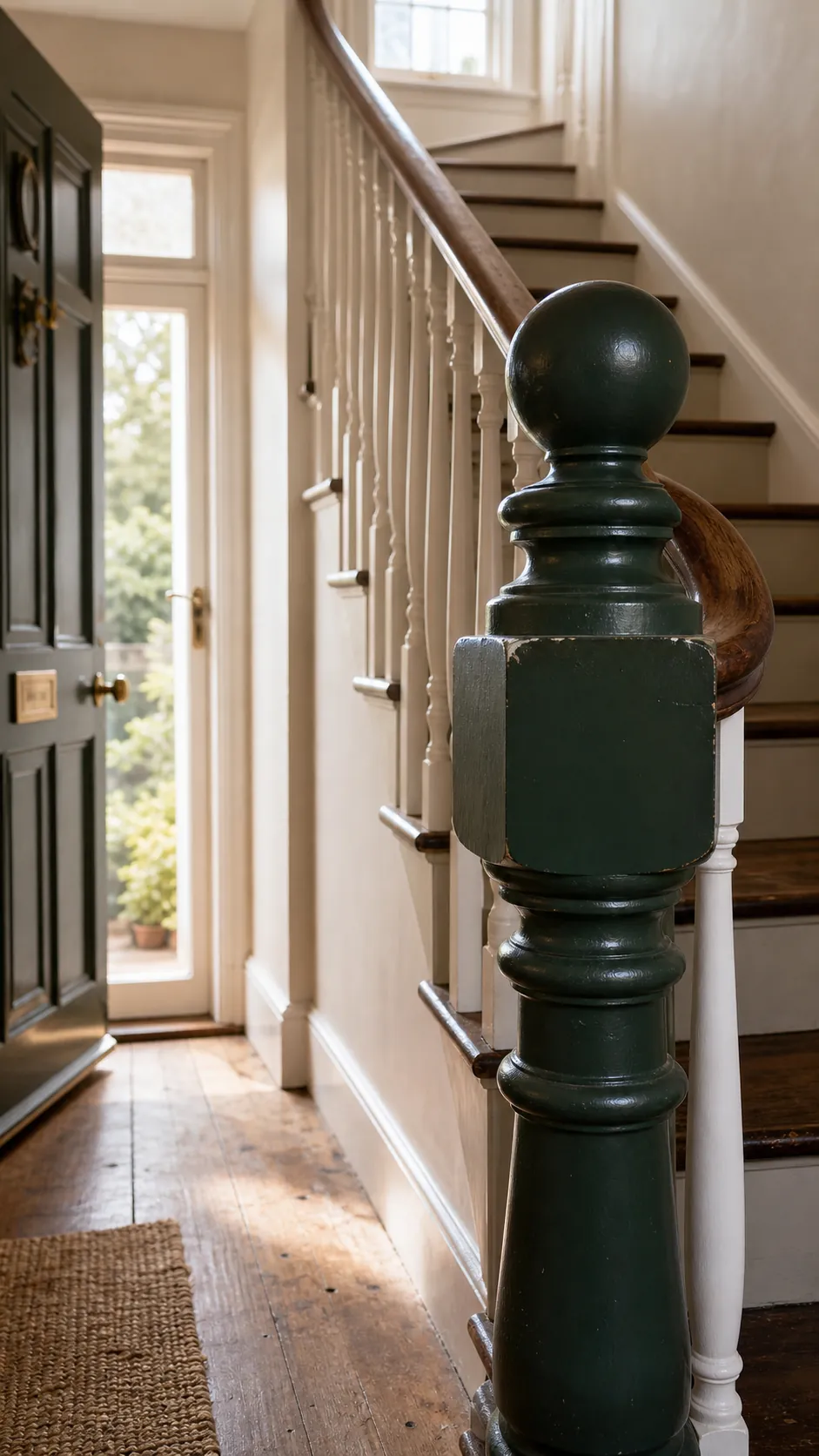 Painted newel post creating a focal point in a small foyer