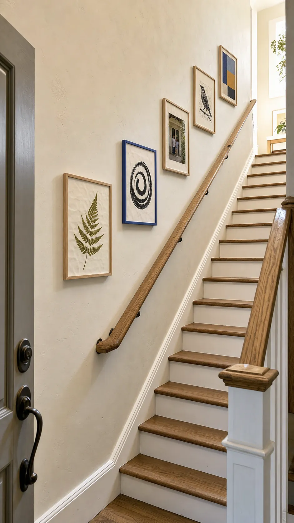 Art arrangement following the angle of an entry staircase