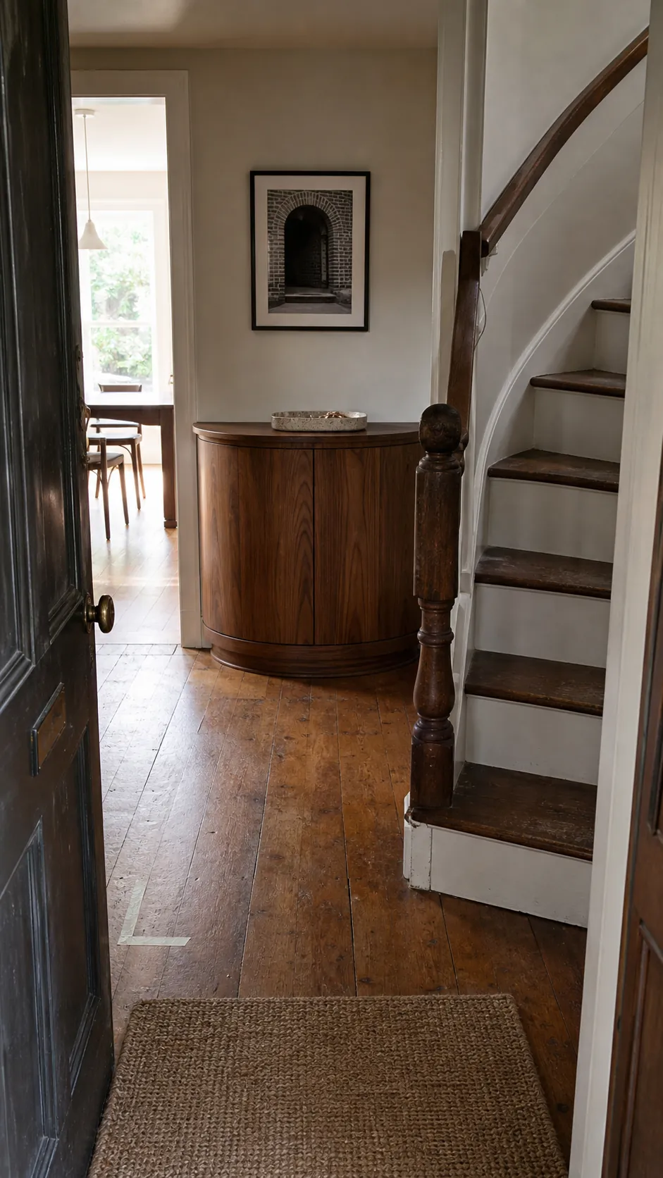 Slim console placed at the wider point of a stair entry
