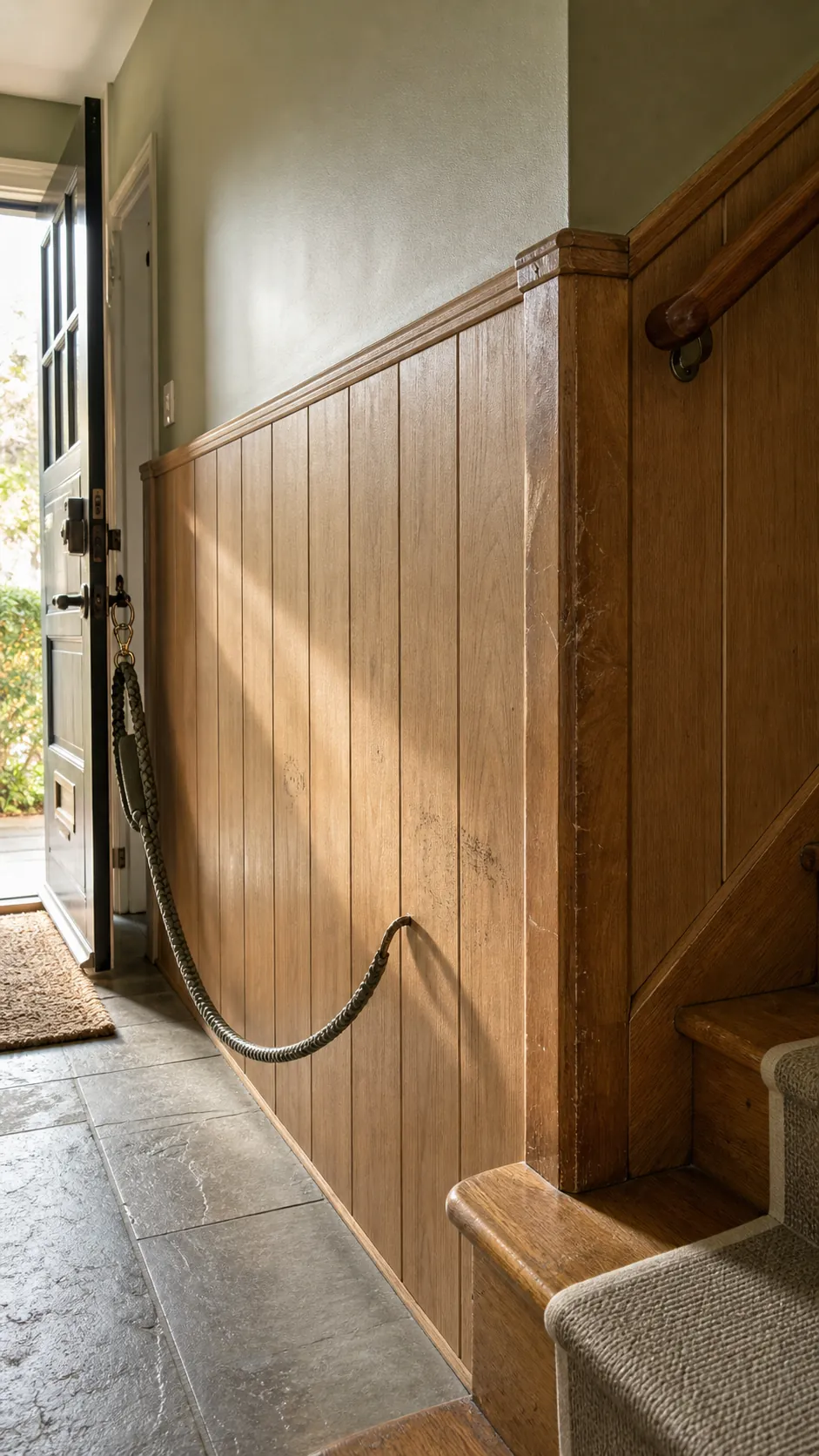Durable wall paneling protecting a small stair entrance