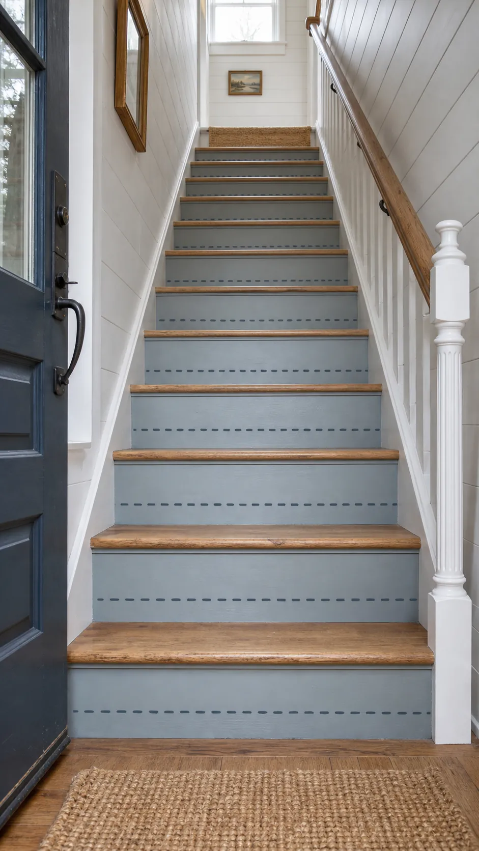 Subtle painted pattern on stair risers in a small entrance