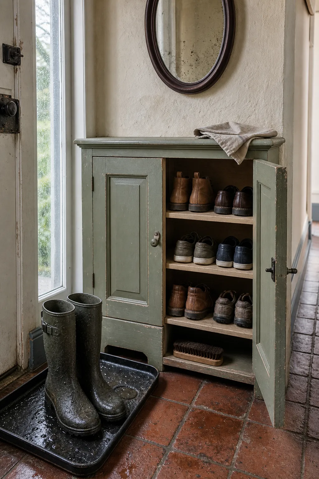 Painted cottage entryway cupboard providing closed shoe storage beside the front door