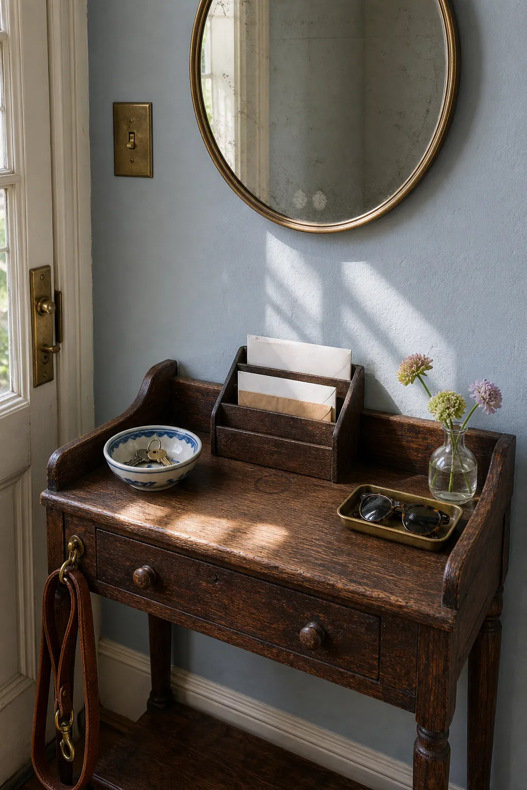 Vintage cottage entryway drop zone with stoneware key bowl, letter rack, and mirror