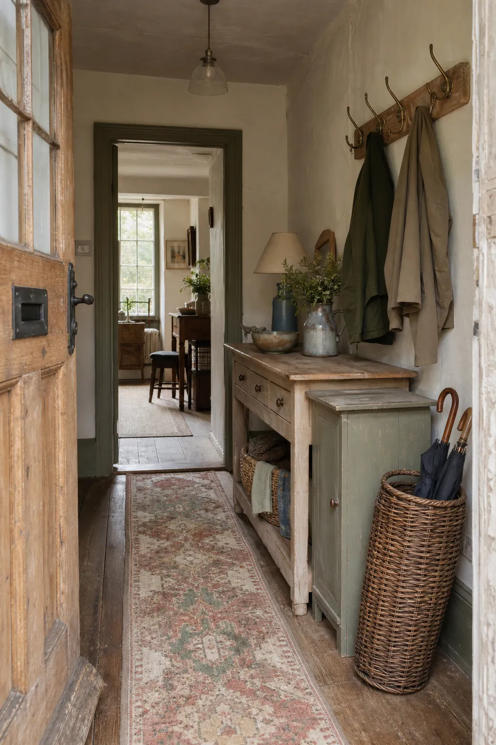 Welcoming cottage entryway with vintage pine furniture, a patterned runner, and practical storage