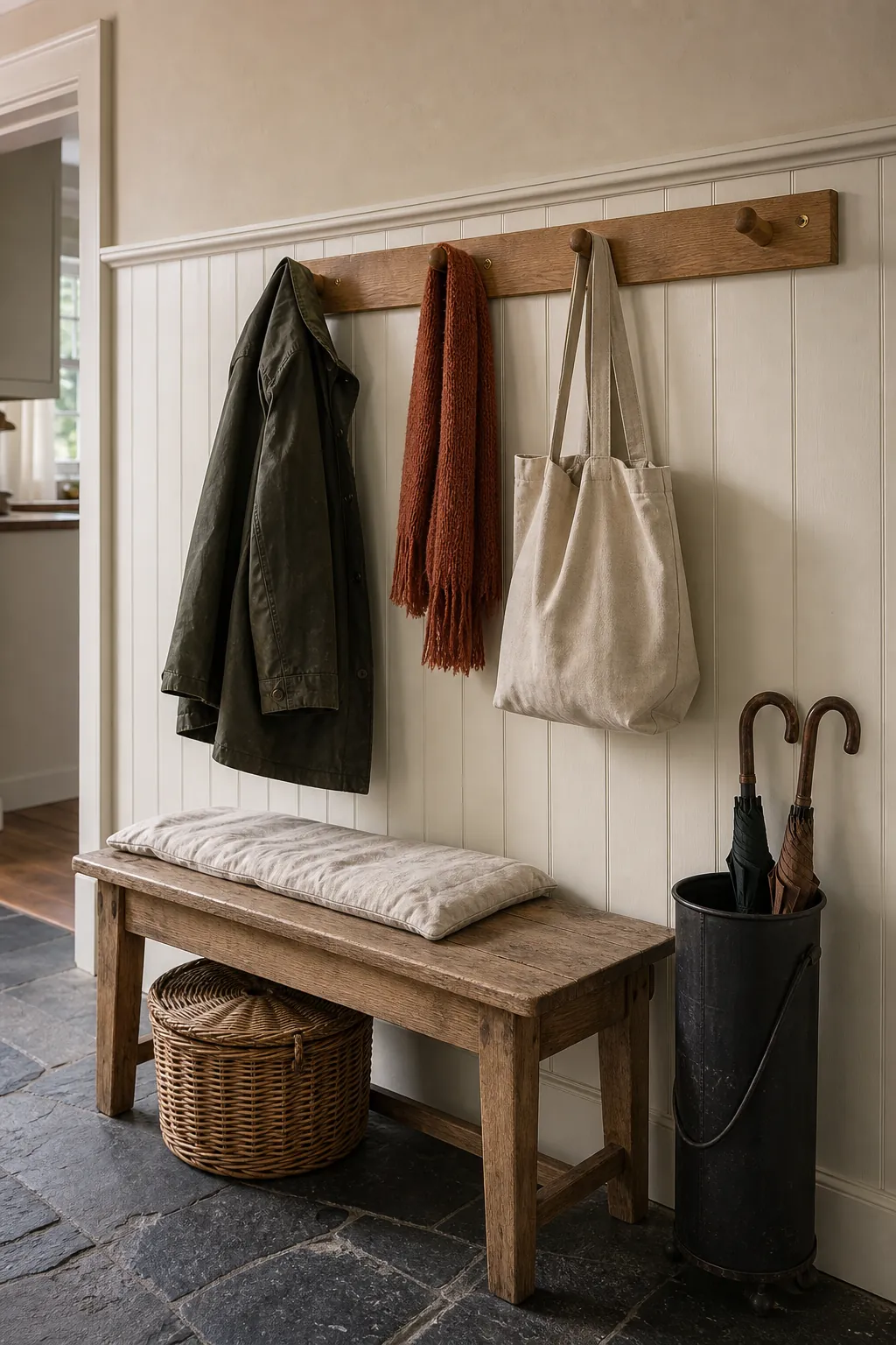 Cottage entryway wall with sturdy wooden pegs, everyday coats, and woven hat basket
