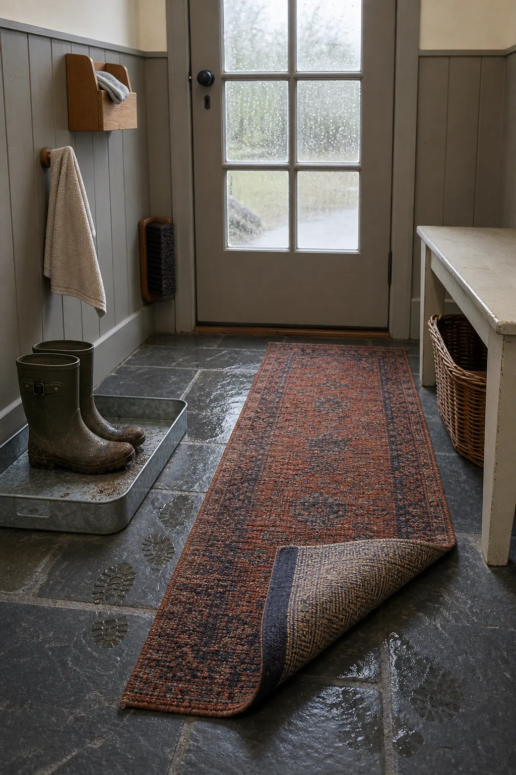Easy-care cottage entryway with washable runner, boot tray, and neatly stored cleaning cloth
