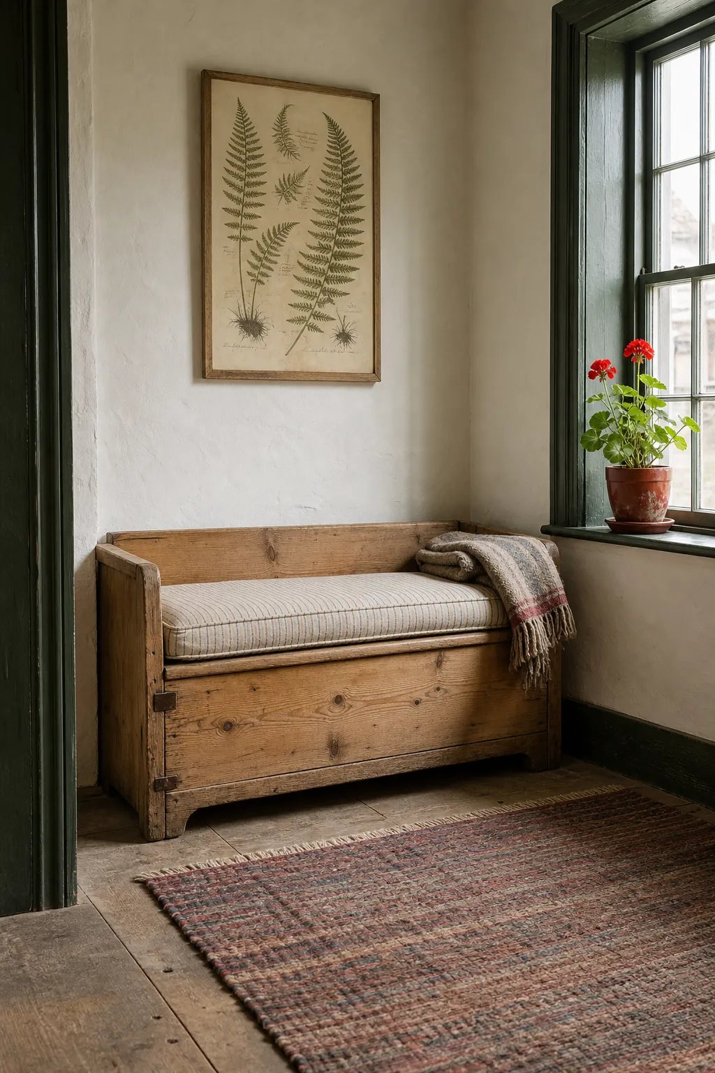 Collected cottage entryway with scrubbed pine bench, faded wool runner, and botanical print