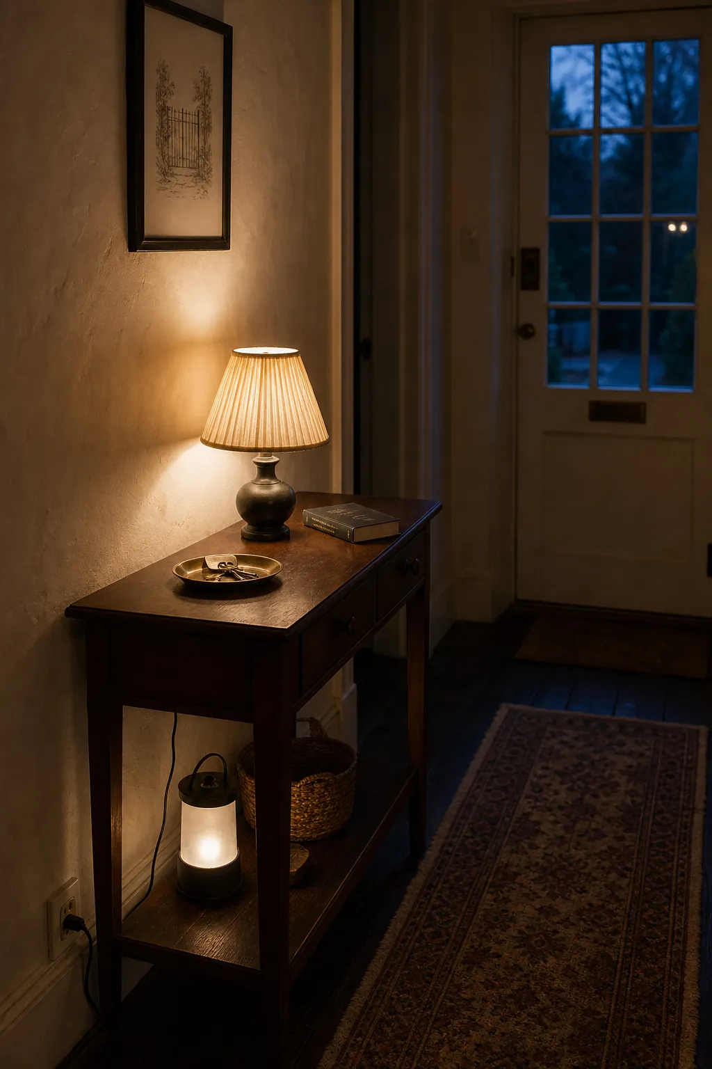 Cozy cottage entryway illuminated by a small shaded lamp on an antique console