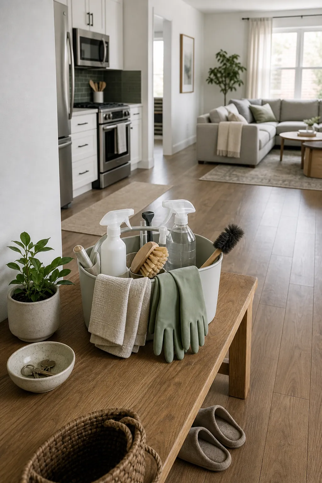 Organized deep cleaning supplies in a bright, freshly cleaned home