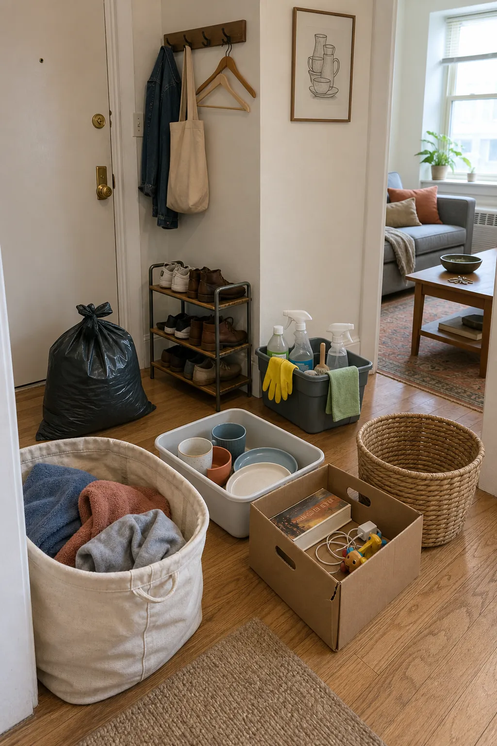 Baskets and cleaning supplies staged for a whole-home deep clean