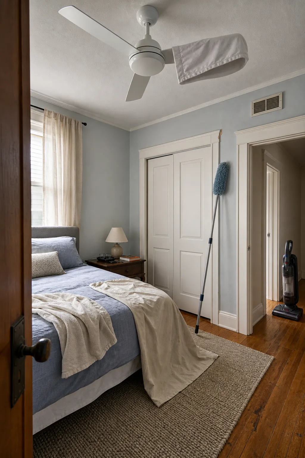 A bright bedroom prepared for high-to-low dusting and deep cleaning