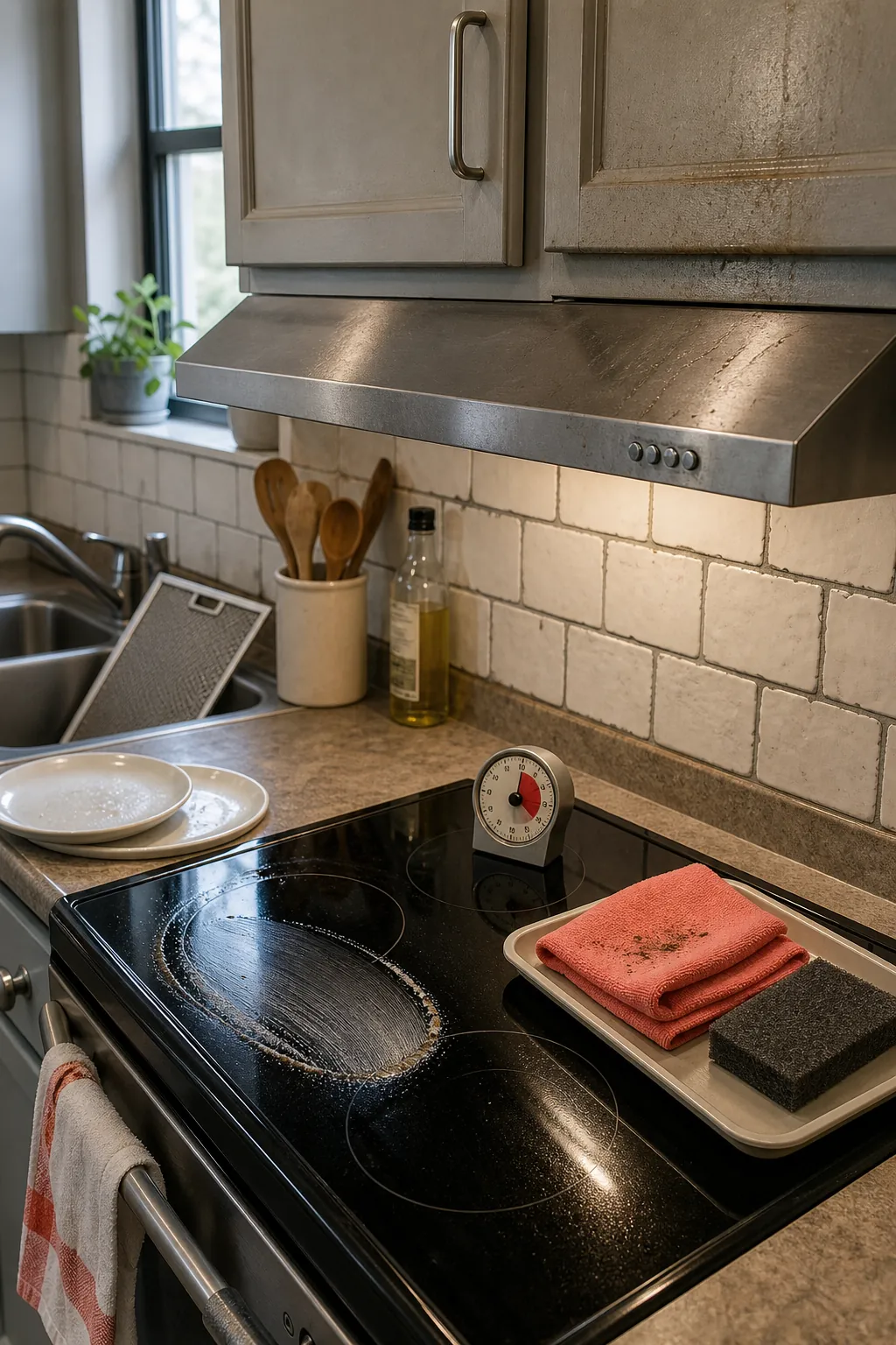 Degreasing a range hood and stovetop during a kitchen deep clean
