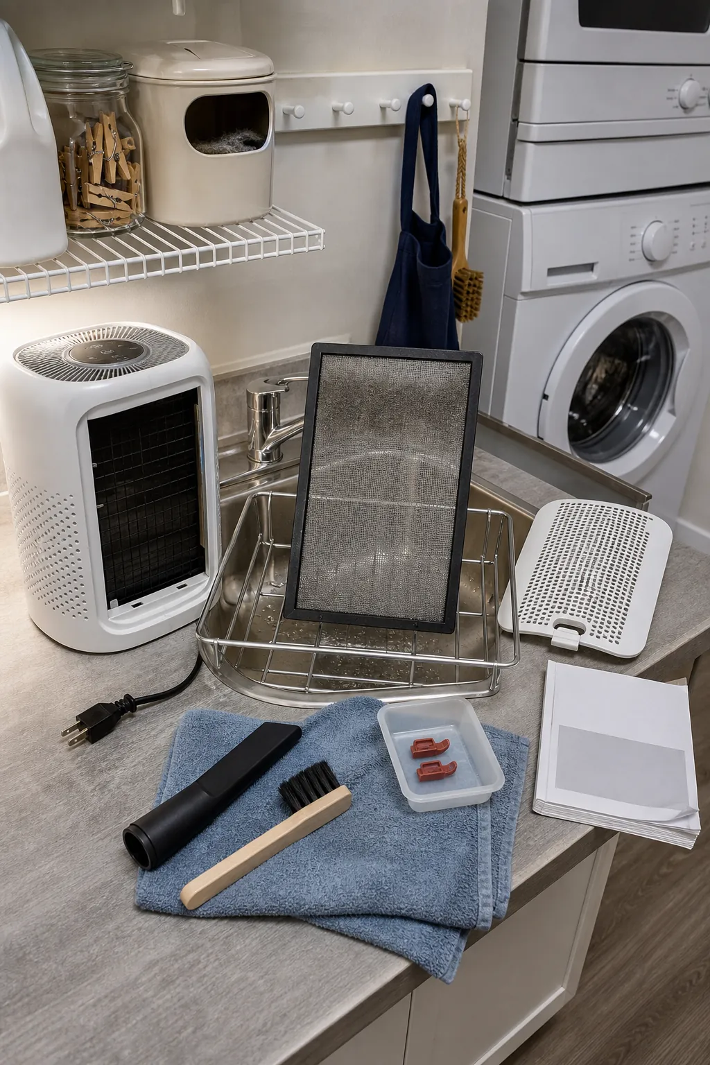 Clean appliance filters and maintenance tools arranged in a utility area