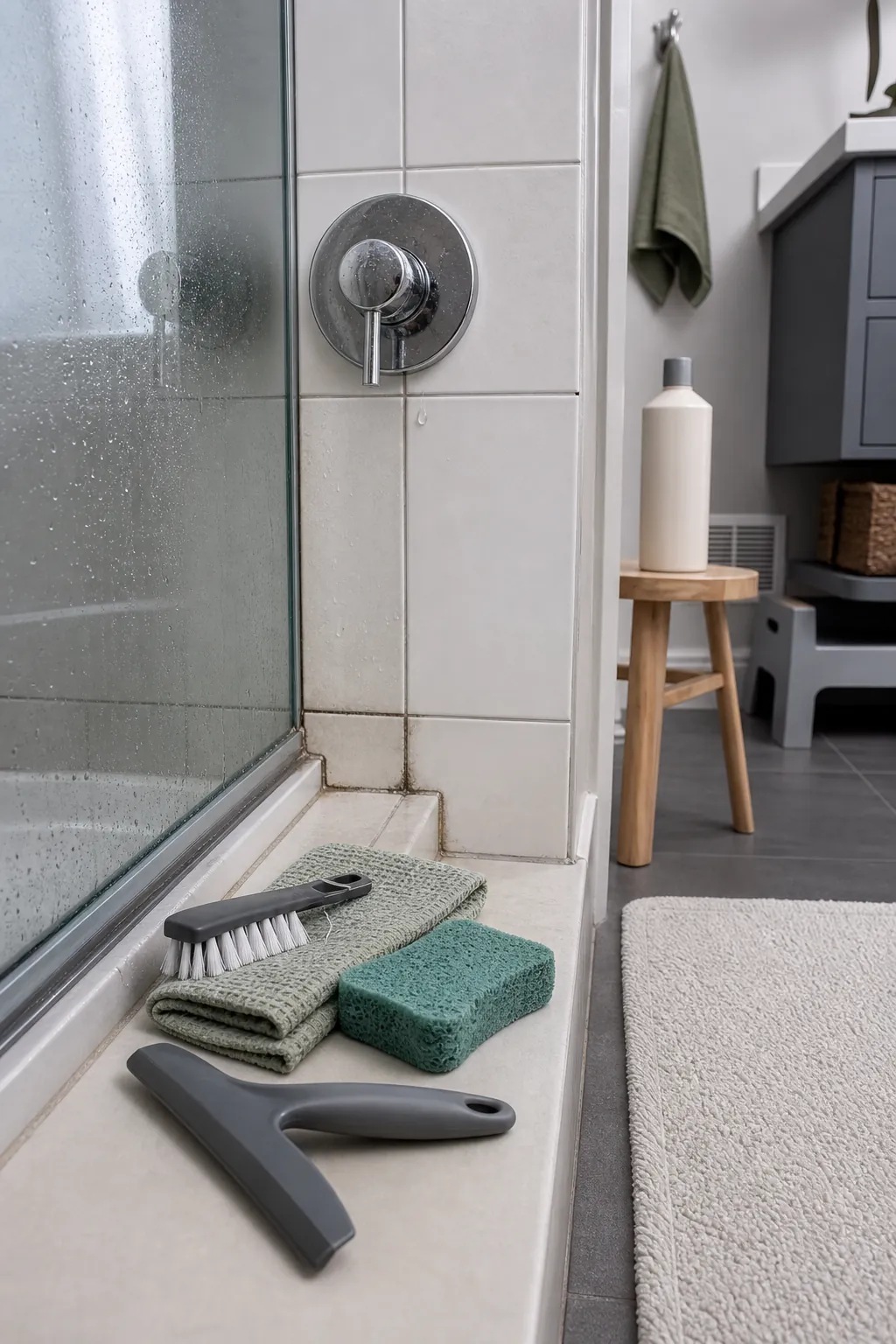 Detailed bathroom cleaning around tile grout and chrome fixtures
