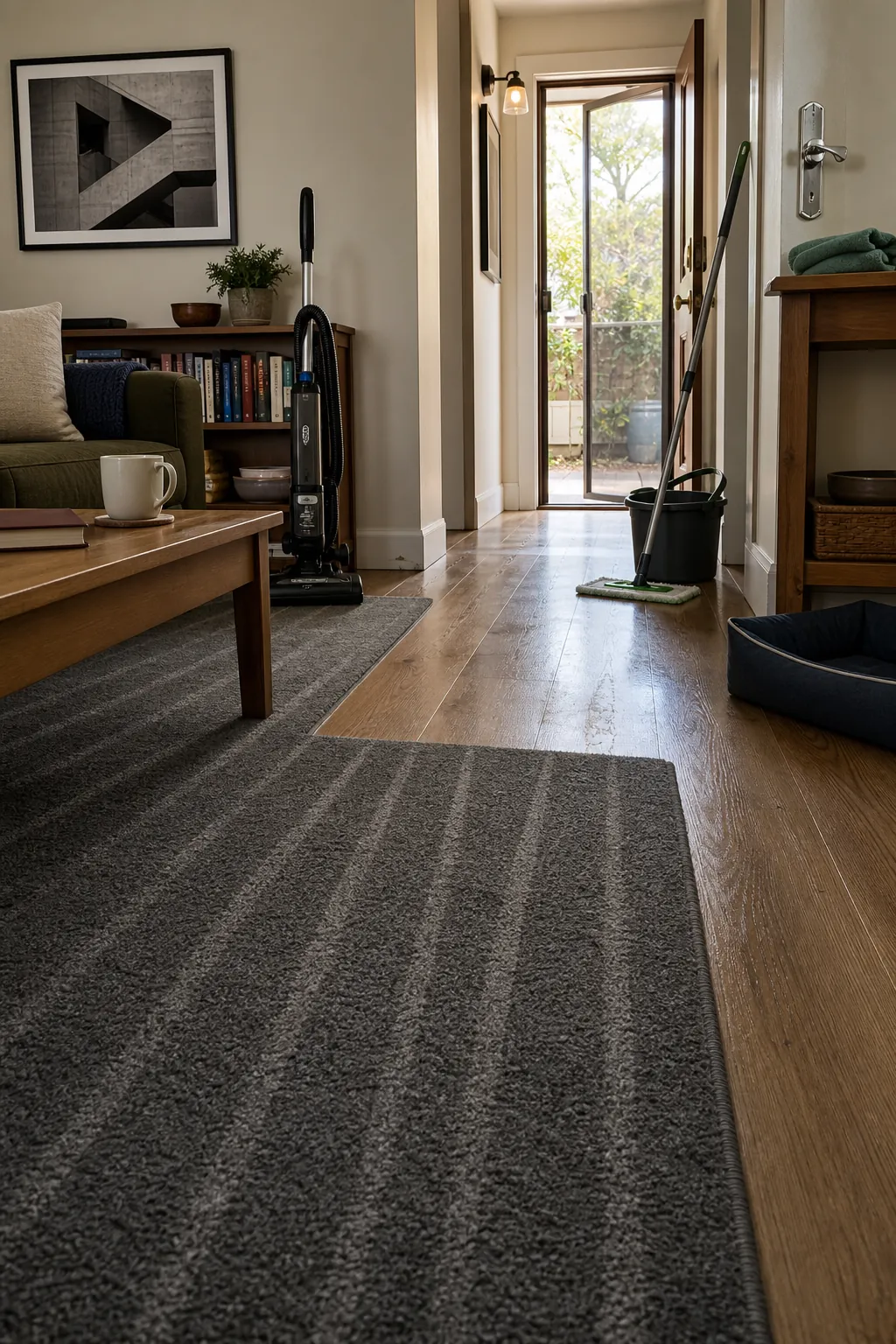 Freshly vacuumed and mopped living space at the end of a deep clean