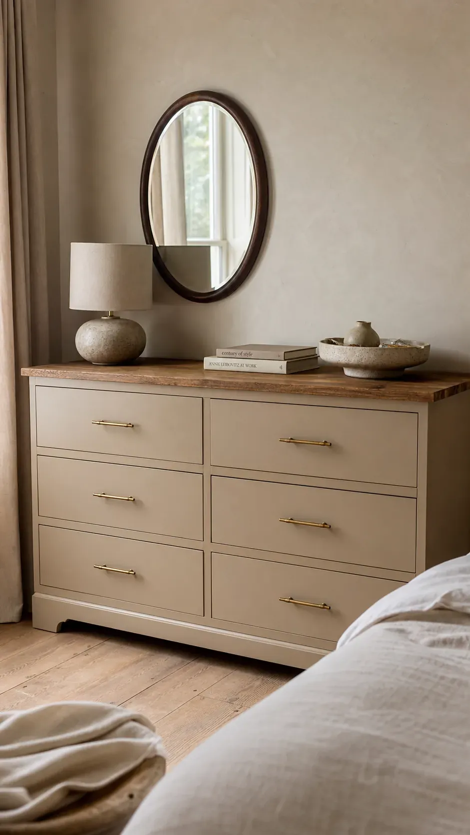 Warm beige dresser makeover with natural oak details and aged brass hardware