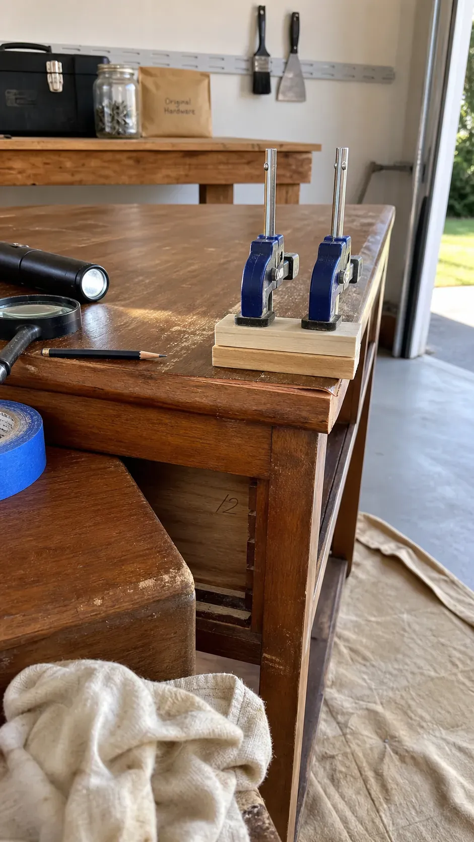 Close inspection of a vintage dresser showing wood veneer, solid edges, and worn finish before a beige makeover
