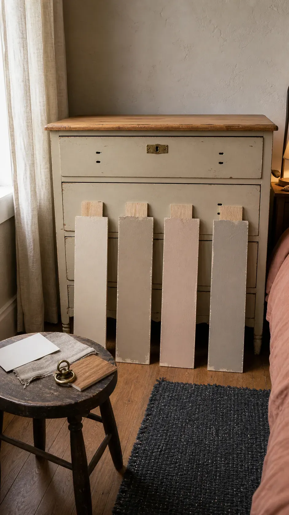 Beige and taupe furniture paint samples tested beside oak, brass, linen, and room finishes