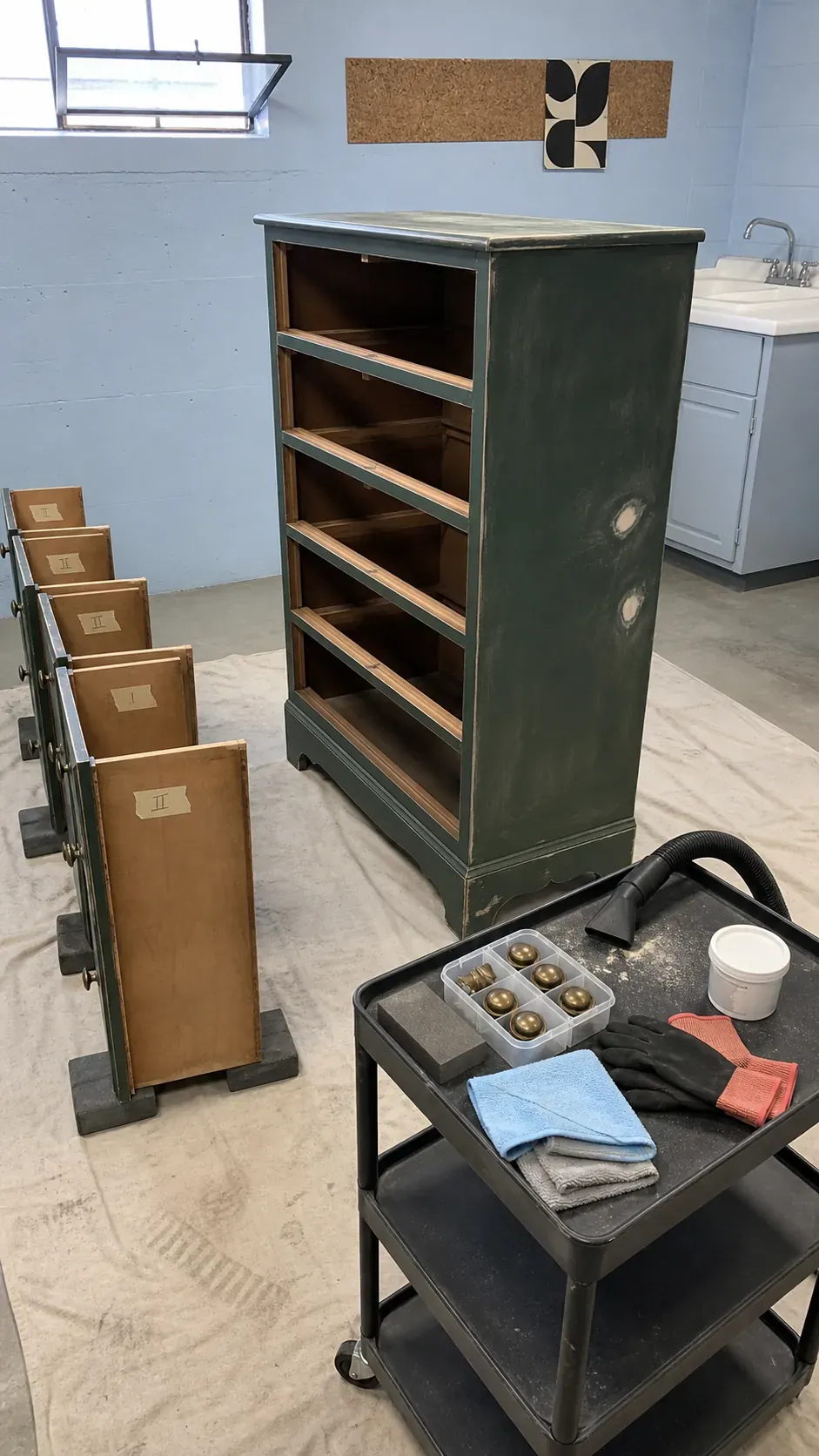 Dresser makeover preparation with removed drawers, labeled hardware, wood filler, and careful scuff sanding