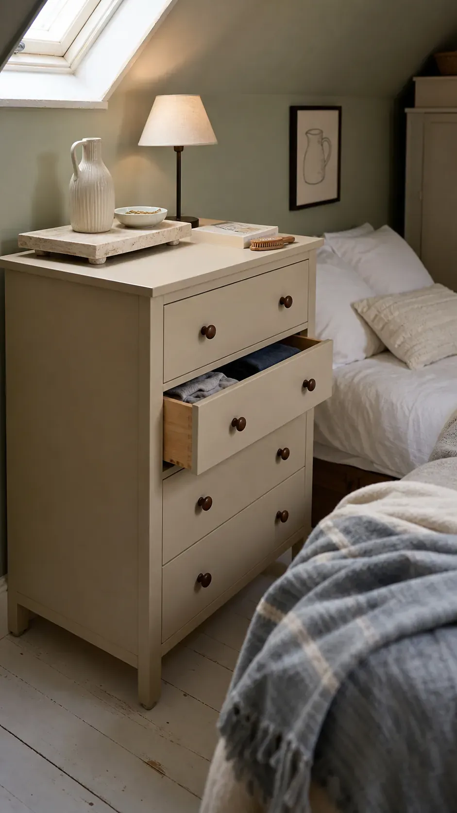 Cured beige dresser styled simply in a bedroom with linen, ceramic decor, and smoothly operating drawers