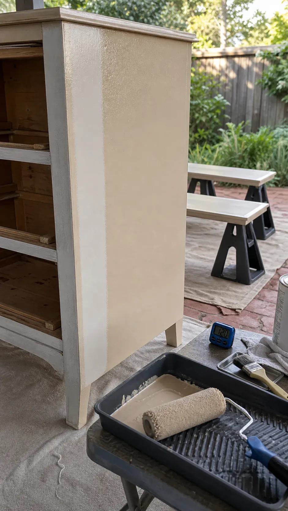 Beige furniture enamel applied in thin smooth coats to a dresser with a small roller and angled brush