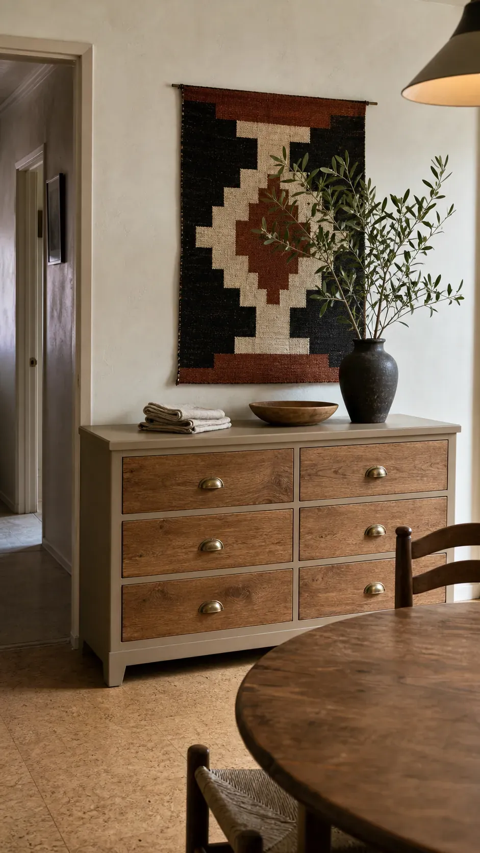 Finished two tone dresser makeover with a warm beige painted case, restored oak drawer fronts, and aged brass pulls