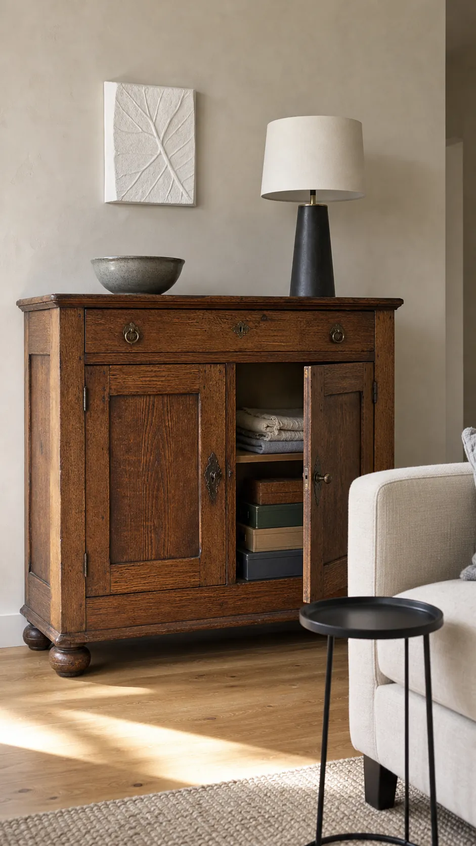 Aged oak cabinet anchoring a plain living room with authentic patina