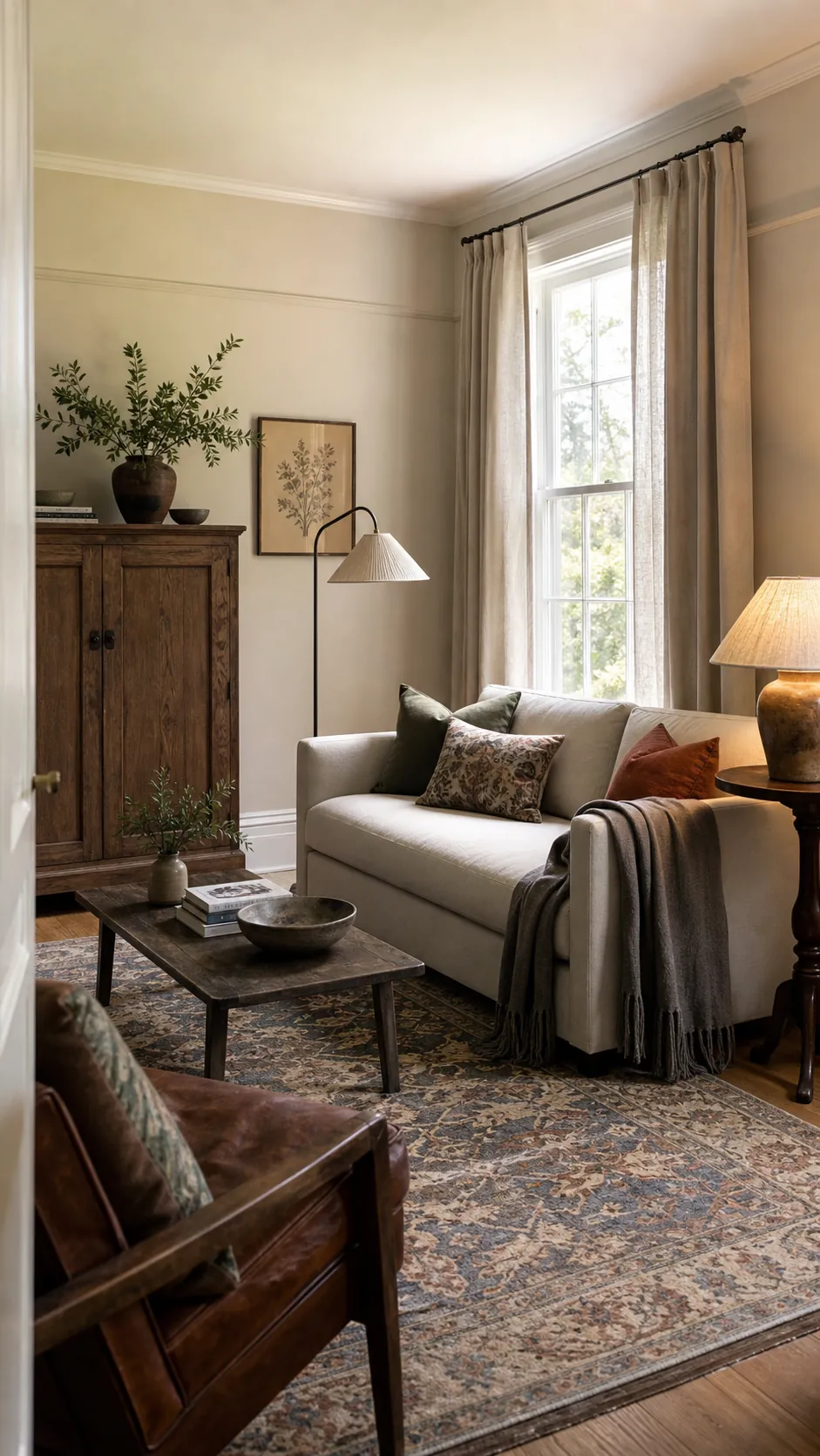 Plain living room transformed with traditional trim, aged wood, layered lamps, and personal vintage decor
