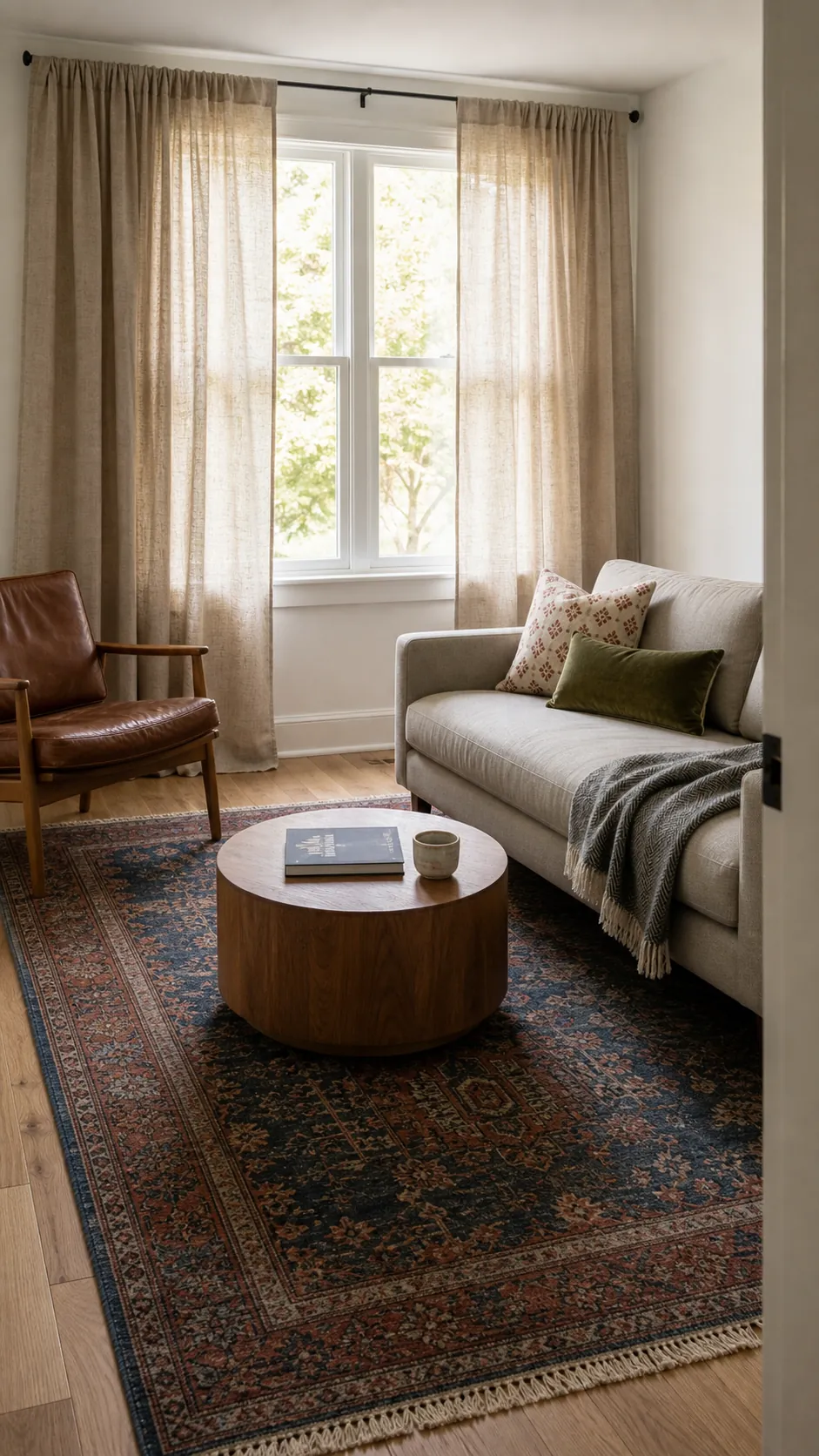 Plain room made warmer with full-length linen curtains, a patterned wool rug, and textured cushions