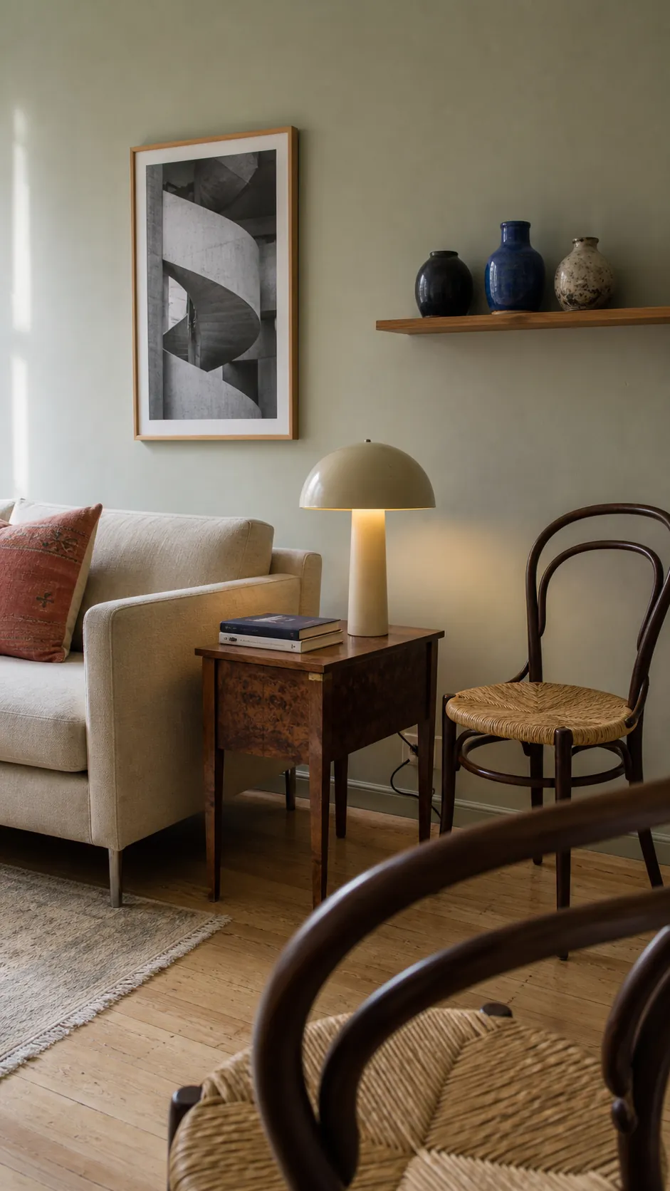 Collected home mixing a modern sofa with vintage side table, retro lamp, and handmade ceramics
