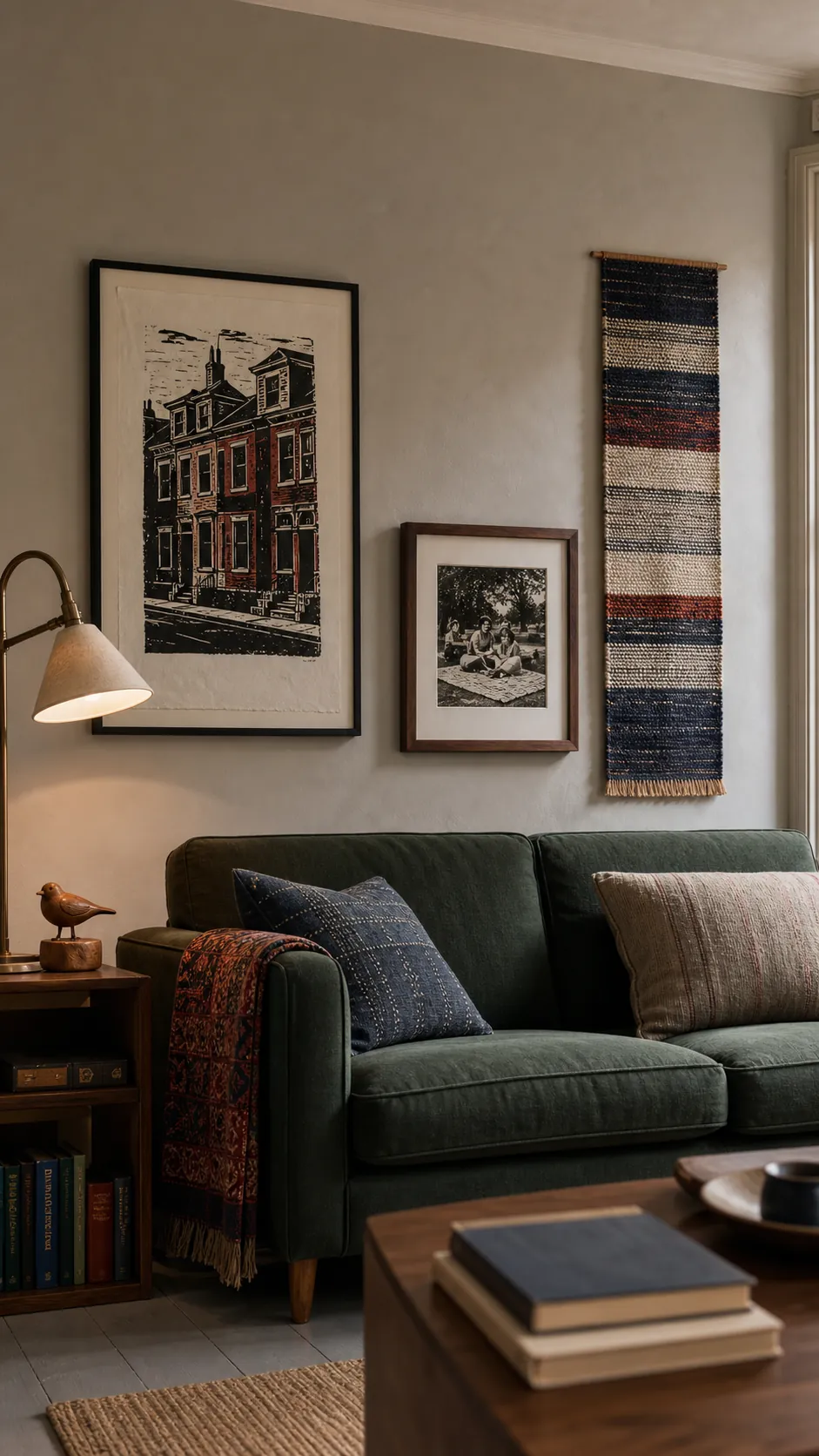 Collected living room wall with personal print, family photograph, and woven textile panel