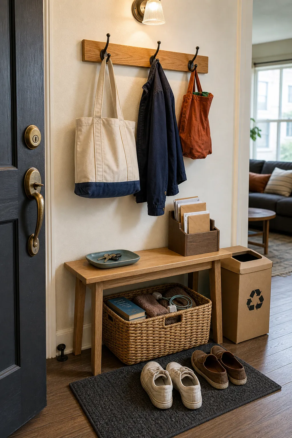 A practical entry drop zone with hooks, tray, and return basket