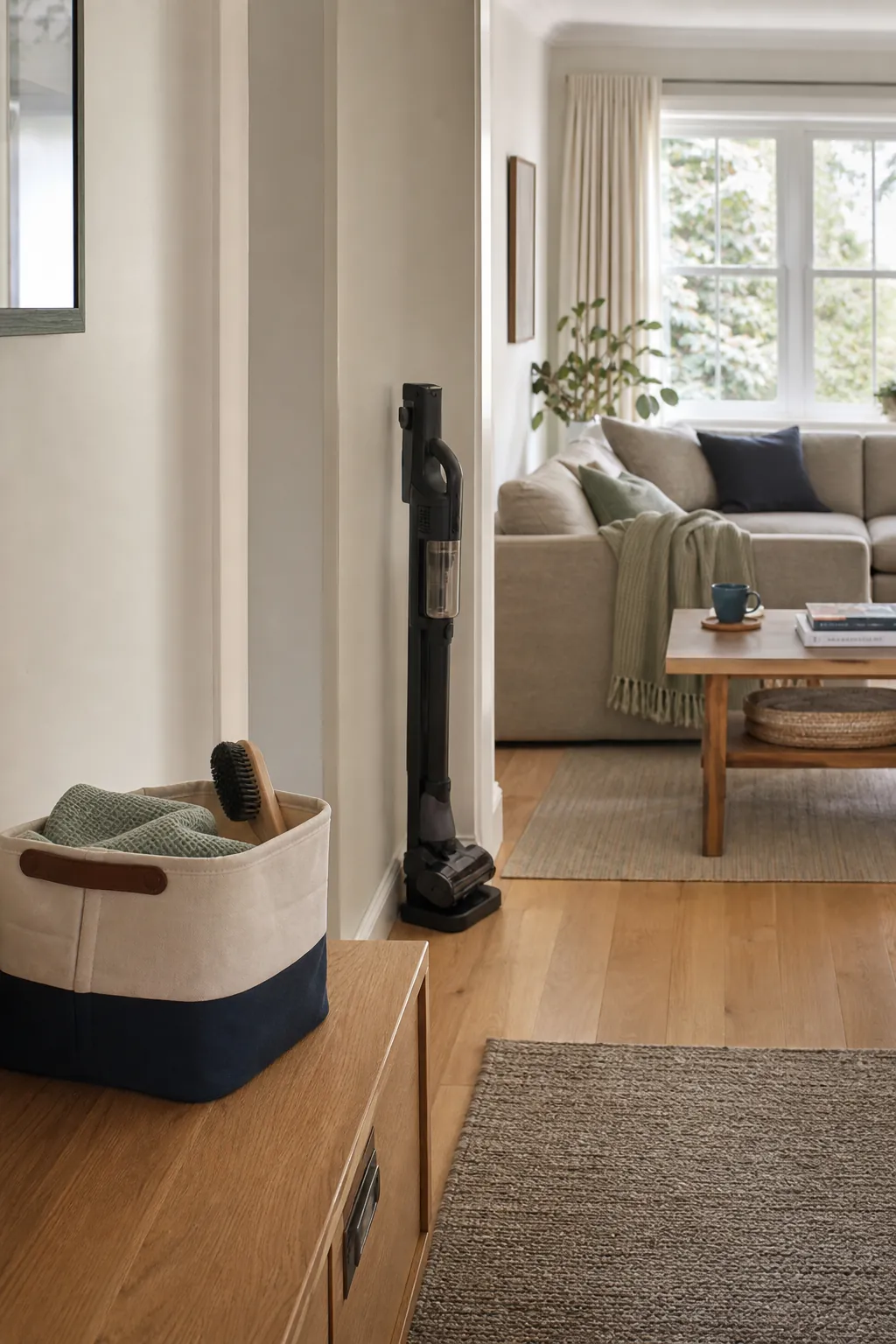 A bright lived-in home with simple cleaning tools ready at the point of use