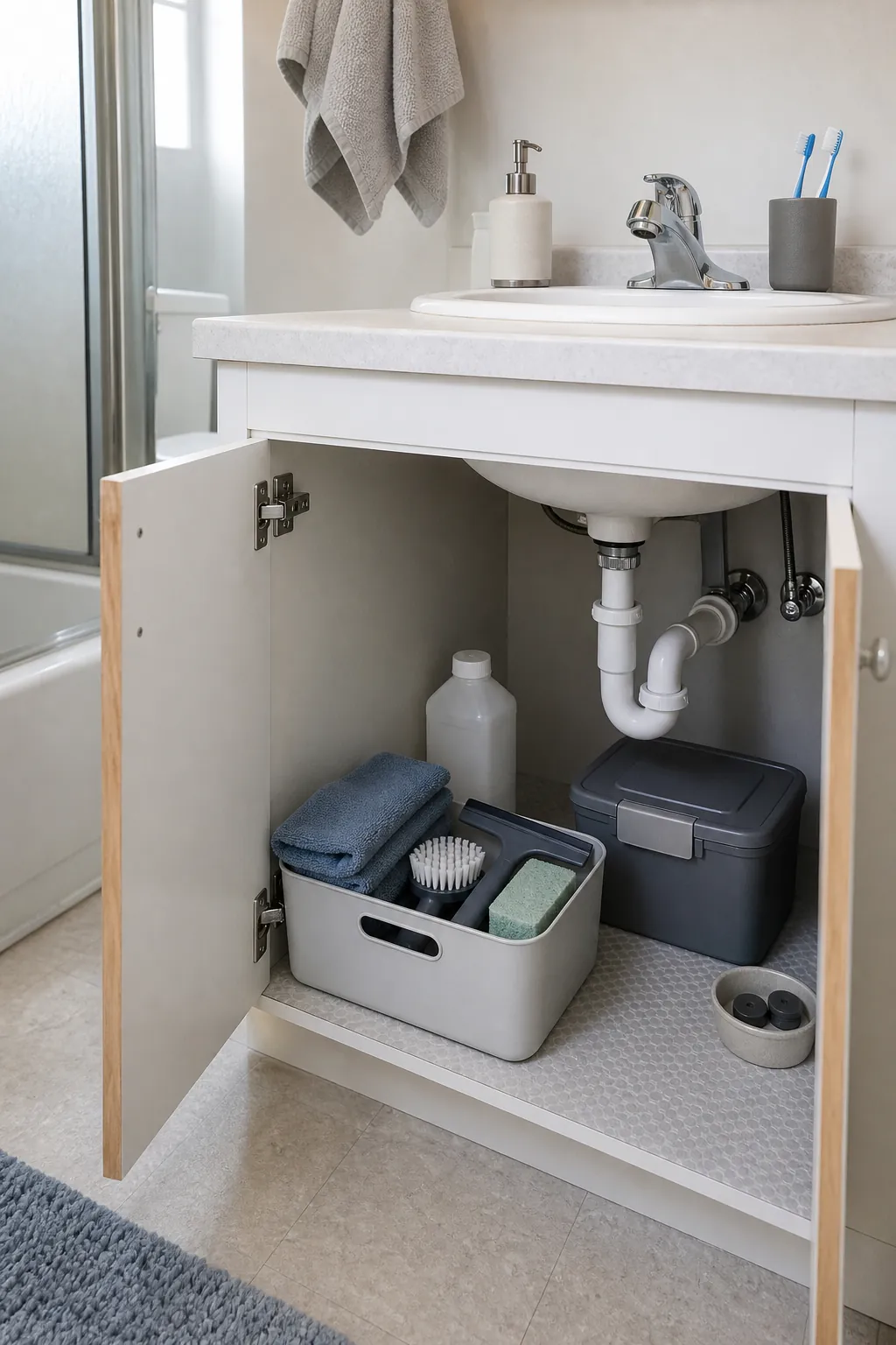 A compact point-of-use cleaning kit organized under a bathroom sink
