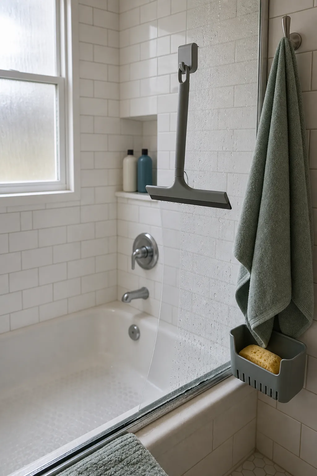 A shower squeegee ready for a quick after-use bathroom clean